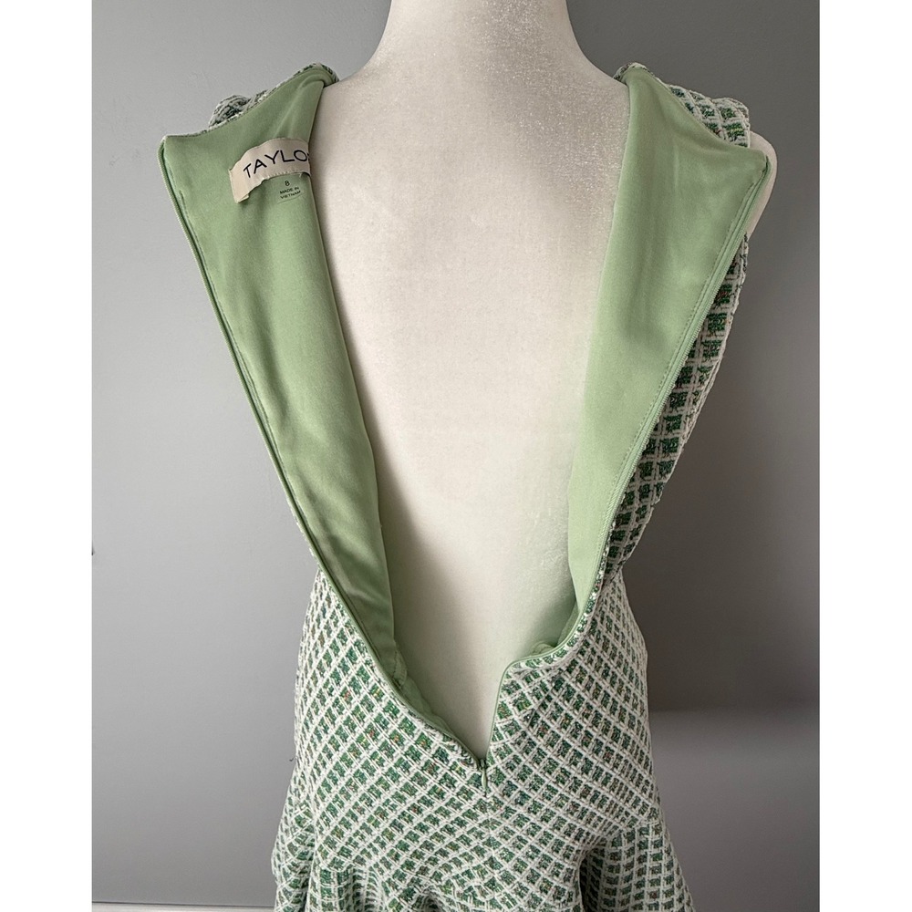 Taylor Plaid Tweed V-Neck Flounce Hem Sleeveless Mini Dress Green White Size 8 - Picture 9 of 14